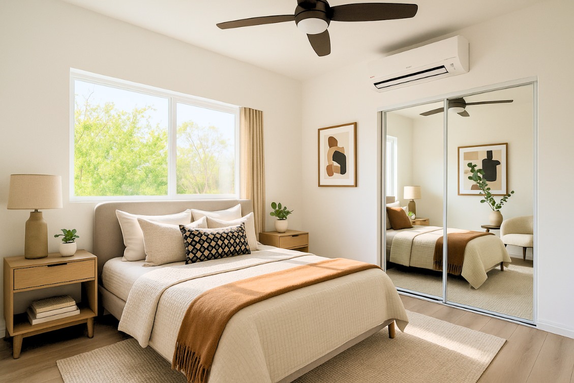 Simple ADU bedroom with plaid blanket, neutral tones, and landscape wall art