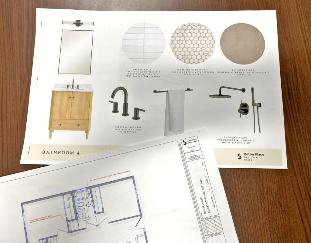 Kitchen & Bath Bundle Breakdown featuring bathroom selections and elevation plan.