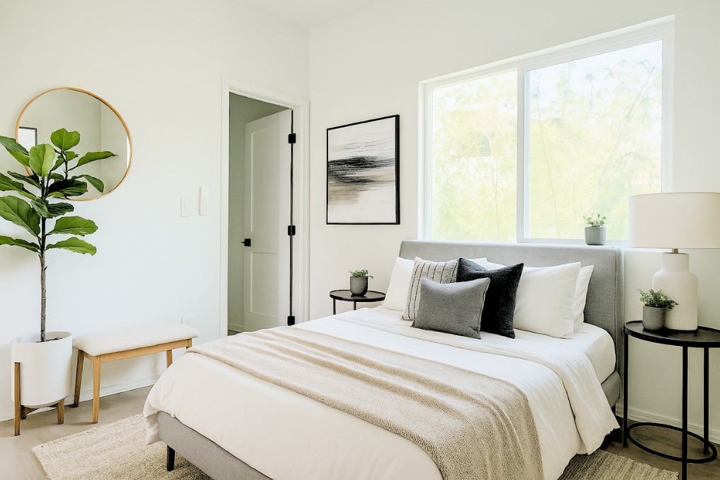 Bright minimalist guest bedroom with neutral decor, modern furnishings, and cozy ambiance