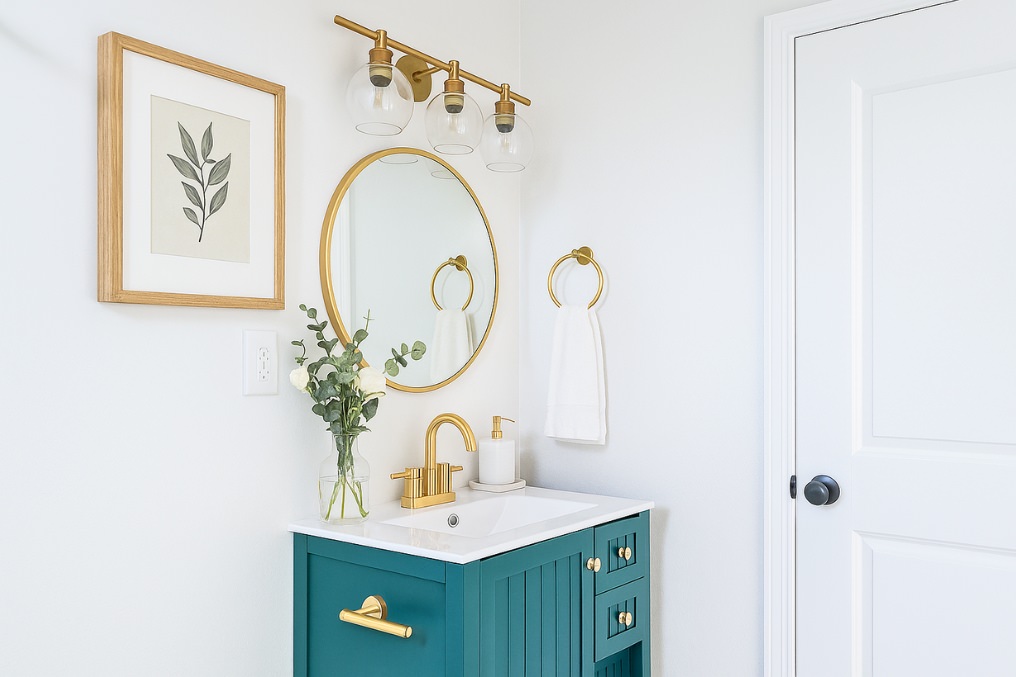 Hallway view connecting stylish laundry area and sophisticated guest bathroom in modern ADU