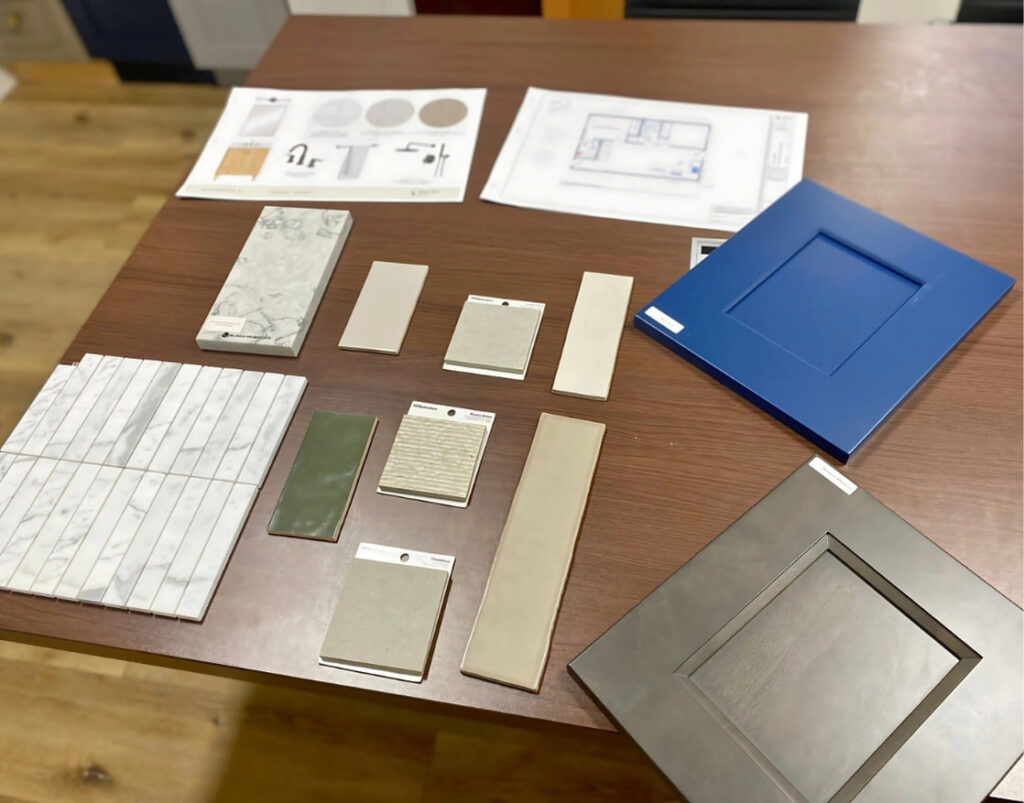 Personal Style Discovery & Showroom Visit featuring assorted finish samples and cabinetry.