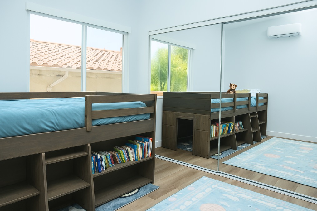 Second bedroom in attached ADU designed for children, featuring bunk bed, storage, and mirrored closet doors.