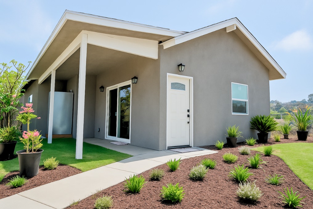 Side angle of contemporary ADU showing welcoming entrance and stylish landscaping