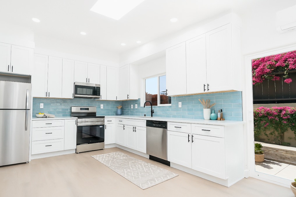 Spacious kitchen with white cabinetry, stainless appliances, and blue accents in coastal-themed ADU