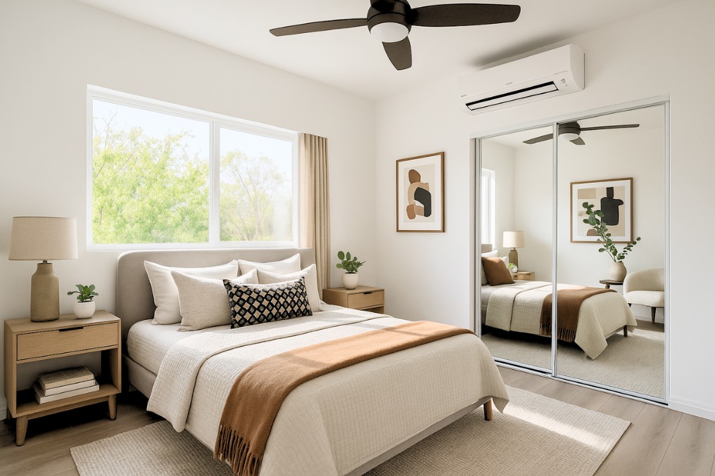 Warm and inviting primary bedroom featuring large mirrored closet, stylish decor, and abundant natural light