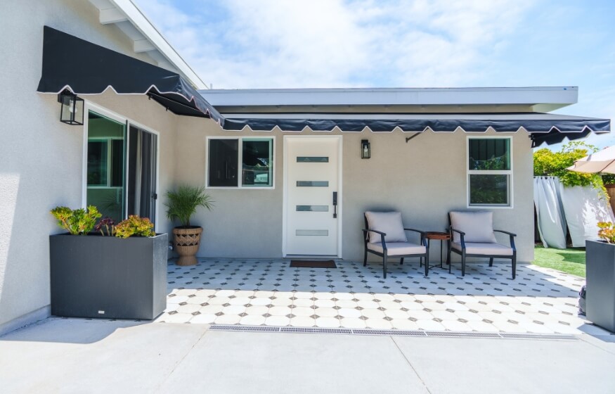 Clean and stylish ADU entryway featured in “Top 800 sqft ADU Layouts,” showing functional curb appeal and compact outdoor space.