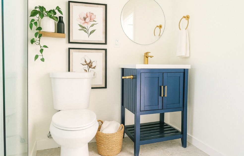 Design tip for 900 square foot ADU featuring gold fixtures and blue vanity