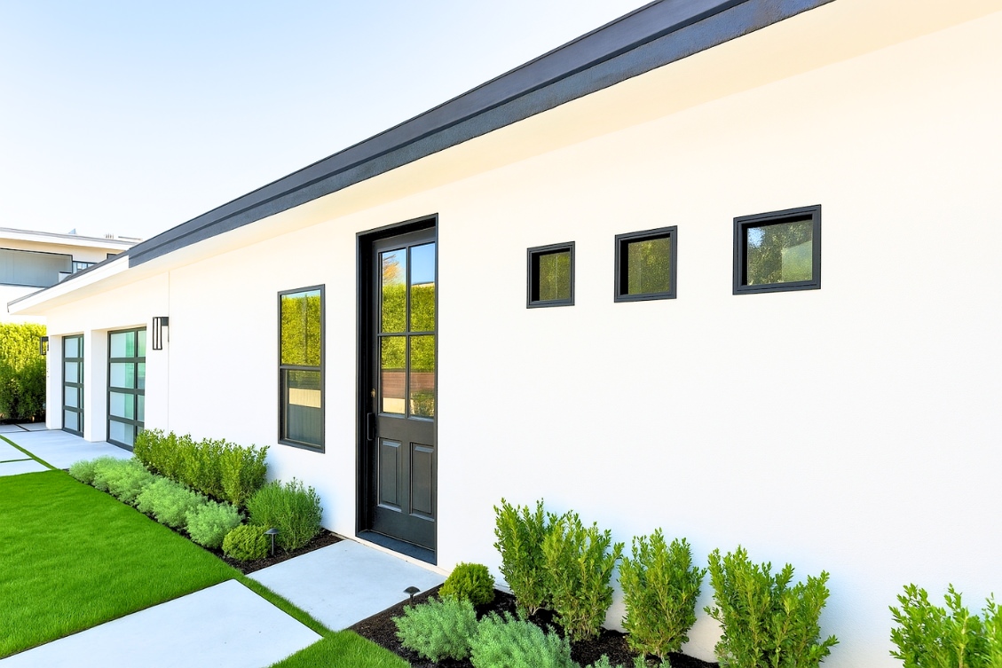 Gray stucco ADU with covered front porch and landscaped yard