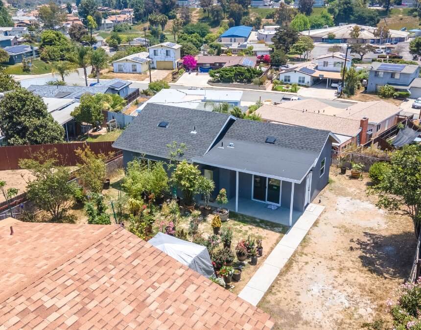 Aerial view of an accessory dwelling unit (ADU) built in compliance with California regulations and local zoning codes.