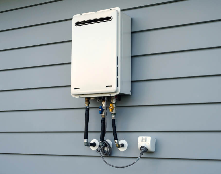 Exterior tankless water heater for an ADU connected to the electrical service panel per calculated load requirements.