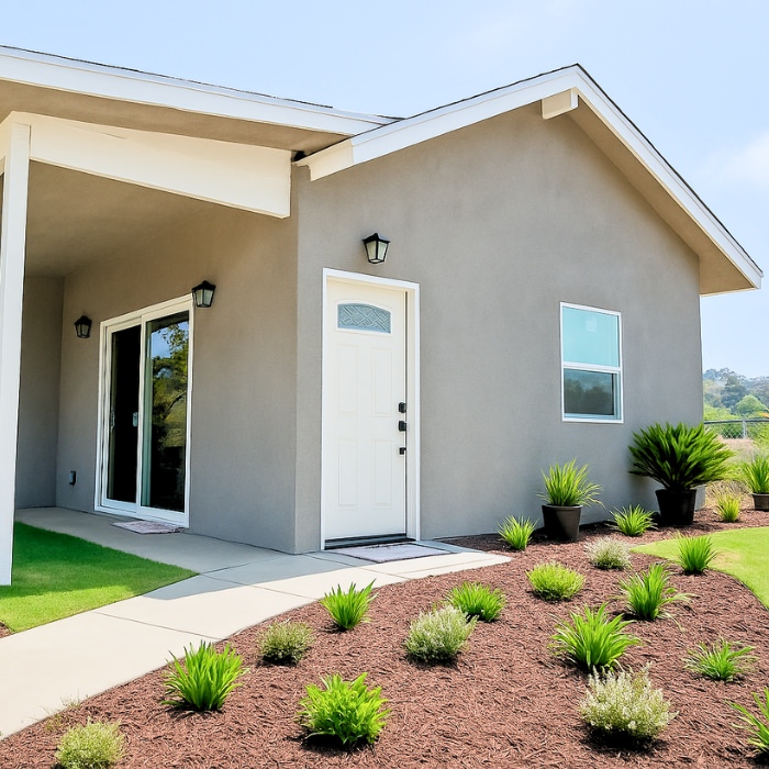 Exterior ADU design with landscaped yard and modern entryway crafted by experienced San Diego ADU builders.