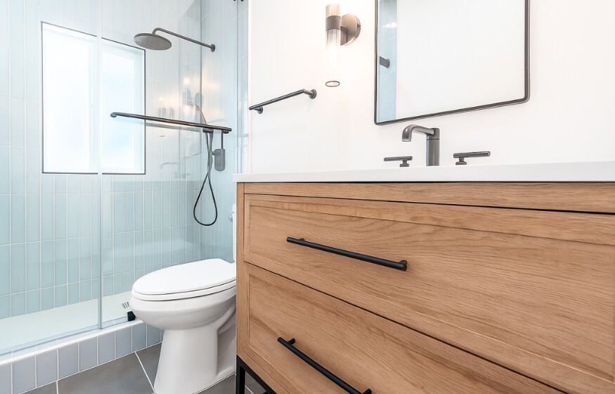 Modern ADU bathroom featured in frequently asked questions for 1000 sqft ADUs
