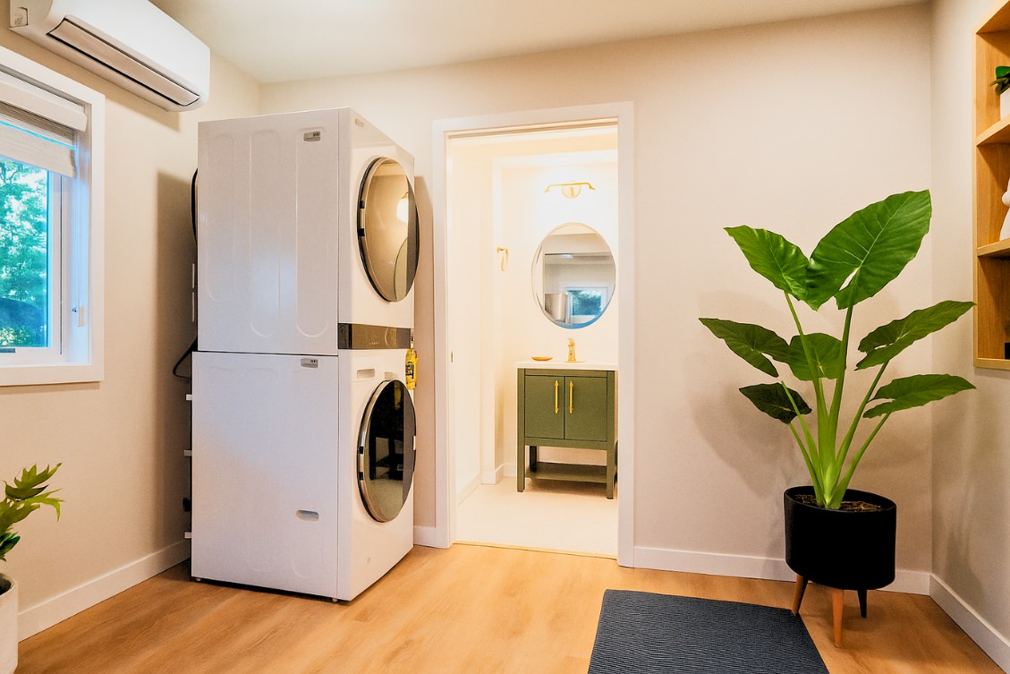 ADU laundry and bathroom combo with stacked washer-dryer and modern vanity with round mirror