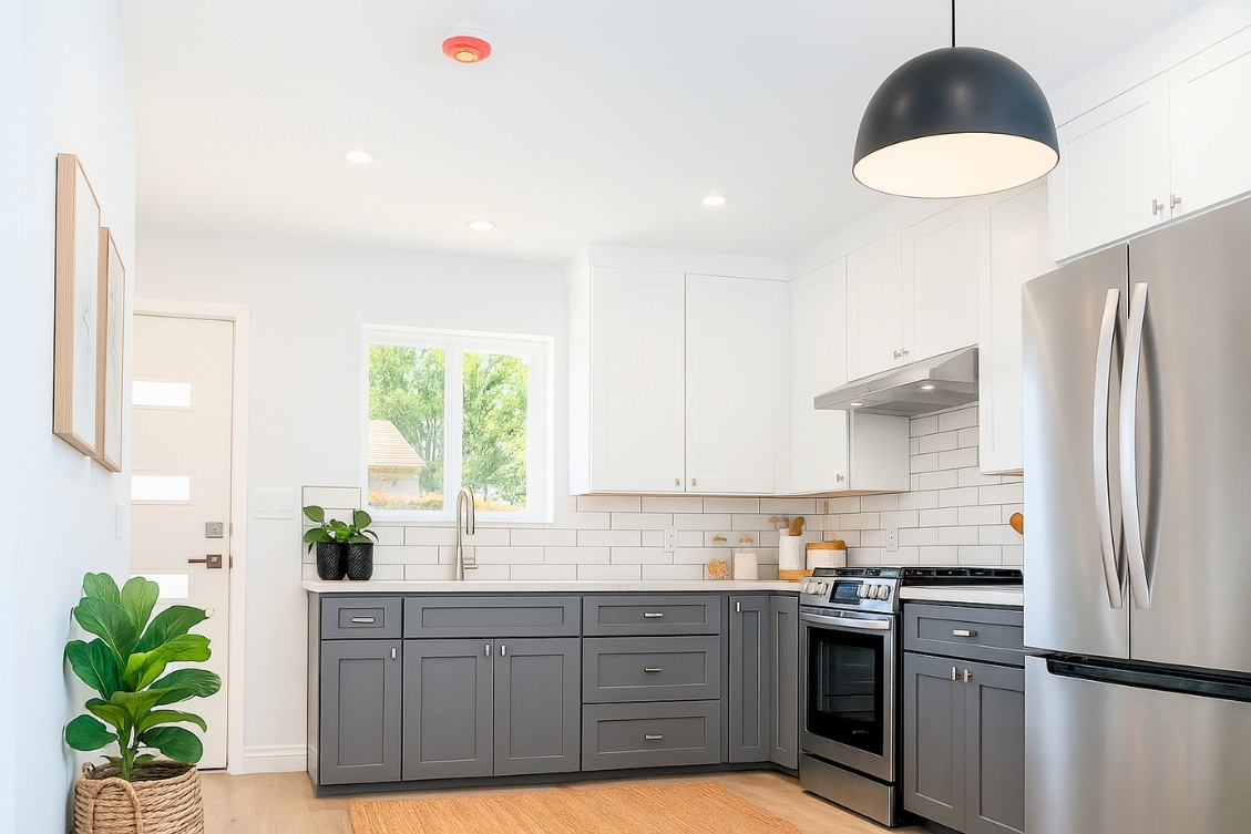 Two-tone ADU kitchen with gray lower cabinets, white uppers, and oversized pendant light