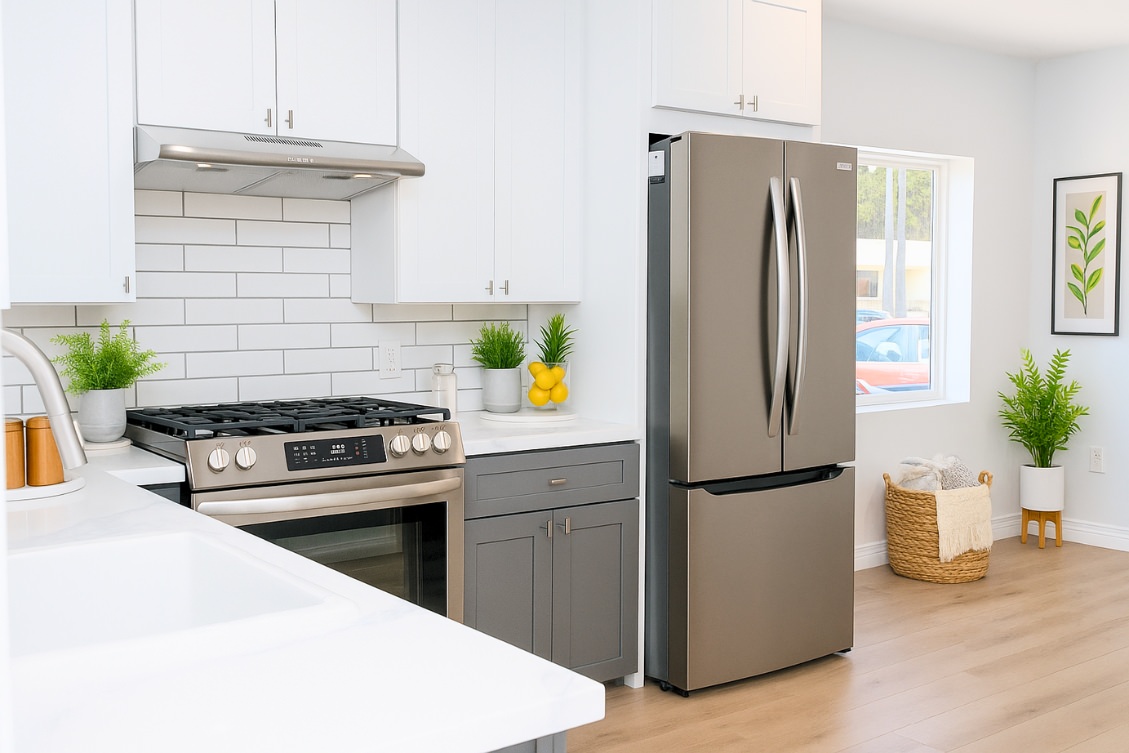 Small ADU kitchen with white and gray cabinets, subway tile backsplash, and stainless fridge