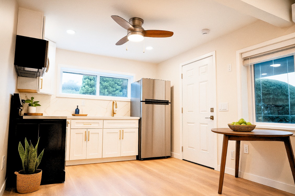 Minimal ADU kitchenette with white cabinets, brass faucet, and wood flooring