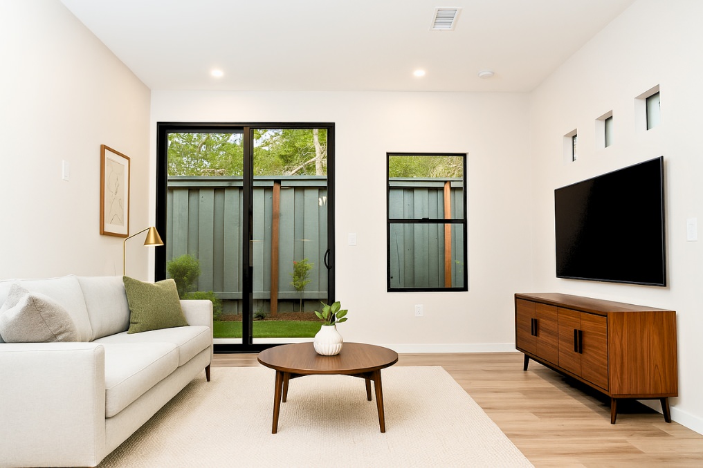 Minimalist ADU living room with mid-century furniture and mounted TV