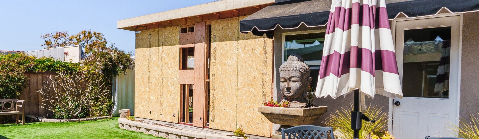 DU exterior design under construction in Southern California, showcasing framing and compliance with building codes.