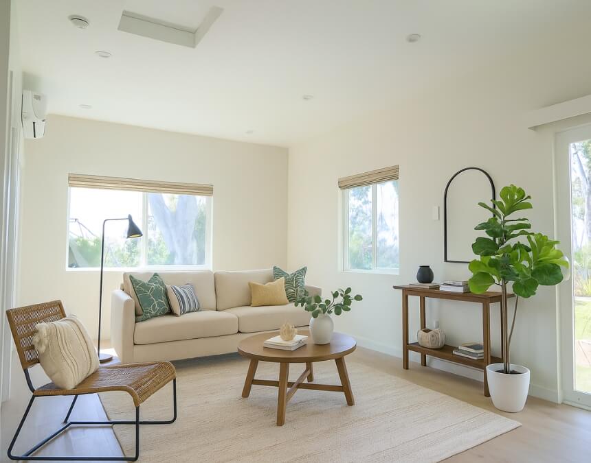 Modern, minimalist ADU living room interior — ADU Design Options for Homeowners example by Better Place Design & Build.