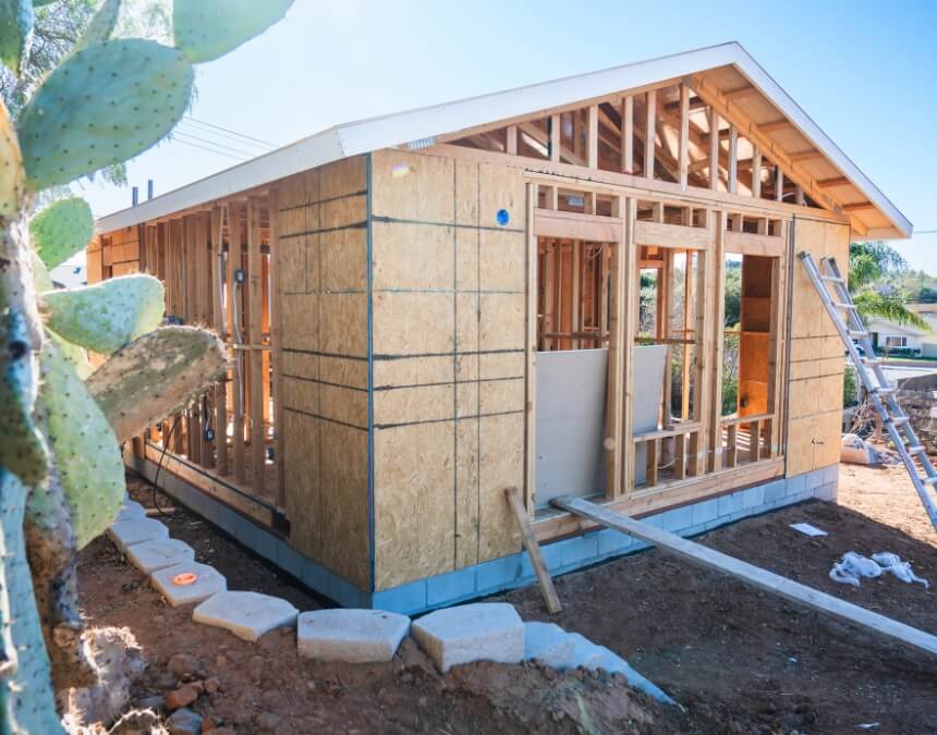 Wood-framed ADU under construction in San Diego during structural permitting phase.