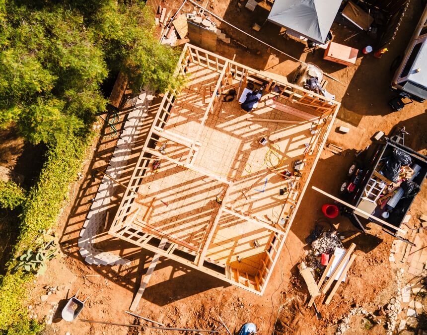 Aerial view of an ADU foundation and framing construction site in San Diego.