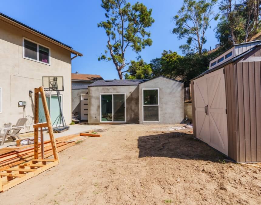 California & San Diego ADU Financing Programs — exterior of a new ADU build behind a main house.