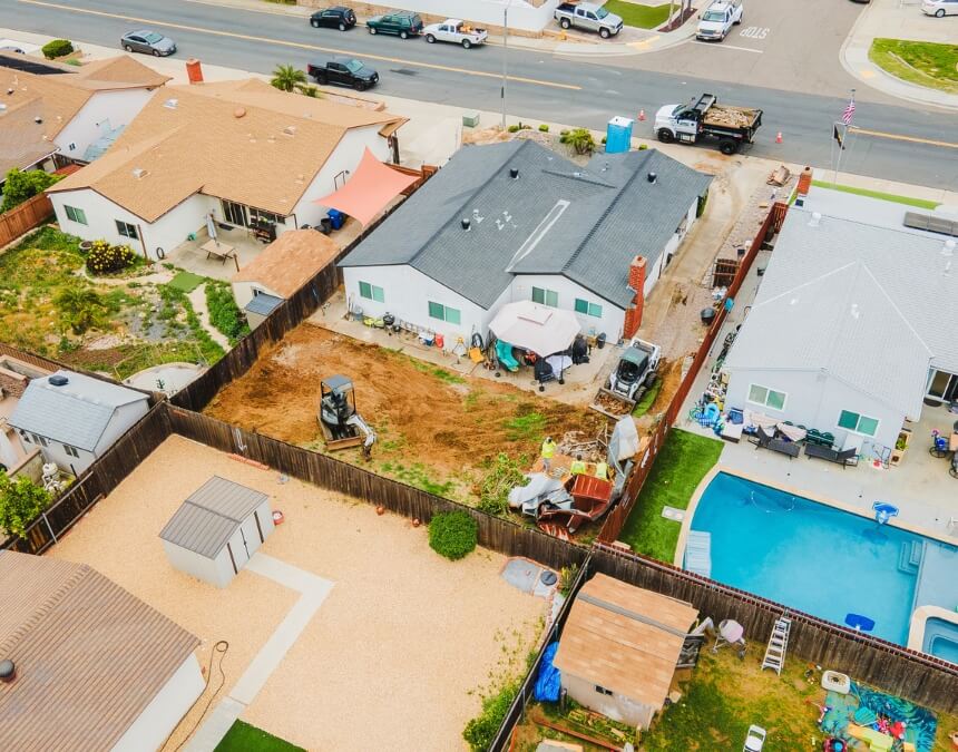 Design and Aesthetics image of an aerial backyard ADU layout, showing how grading and outdoor areas can be shaped around retaining walls.