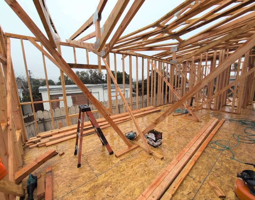 ADU Cost-Saving Strategies for California Homeowners – ADU framing stage showing a simplified layout designed to reduce labor and material costs.