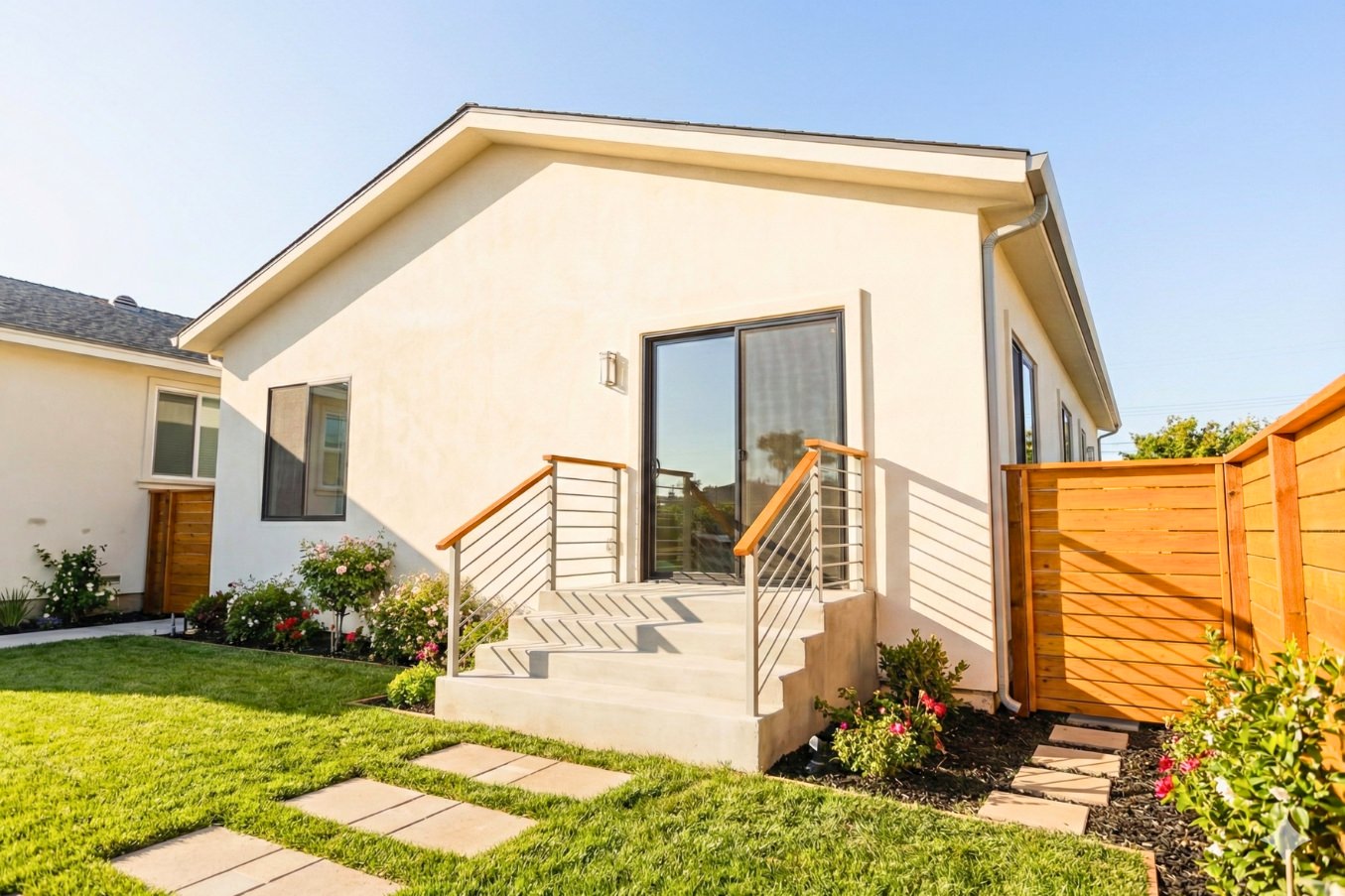 Backyard exterior of the Linda Vista Detached ADU with a raised entry staircase, sliding door, fresh landscaping, and wood fencing.