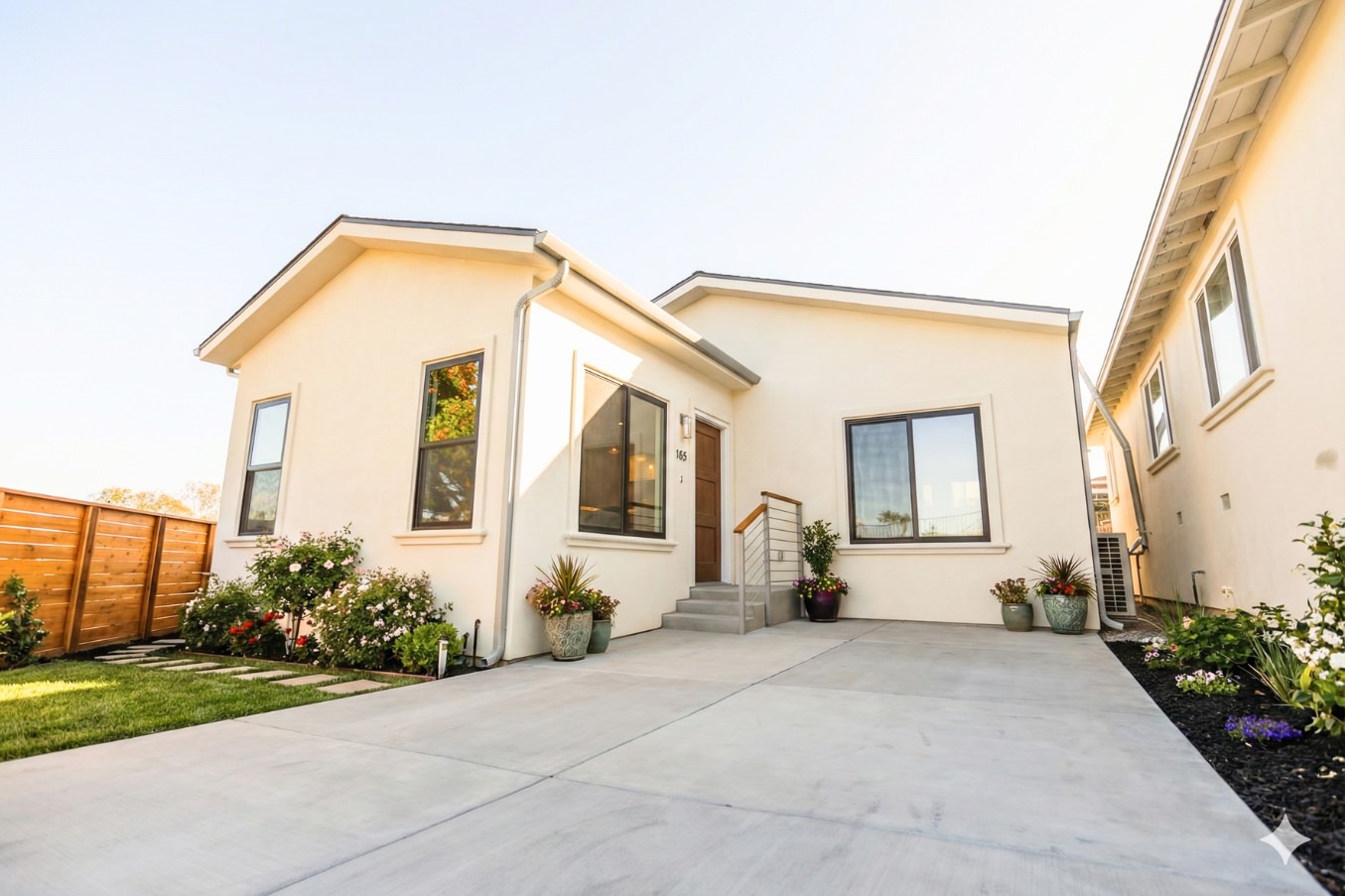 Front exterior view of the Linda Vista Detached ADU featuring a modern cream facade, large windows, landscaped entry planters, and a clean concrete driveway.