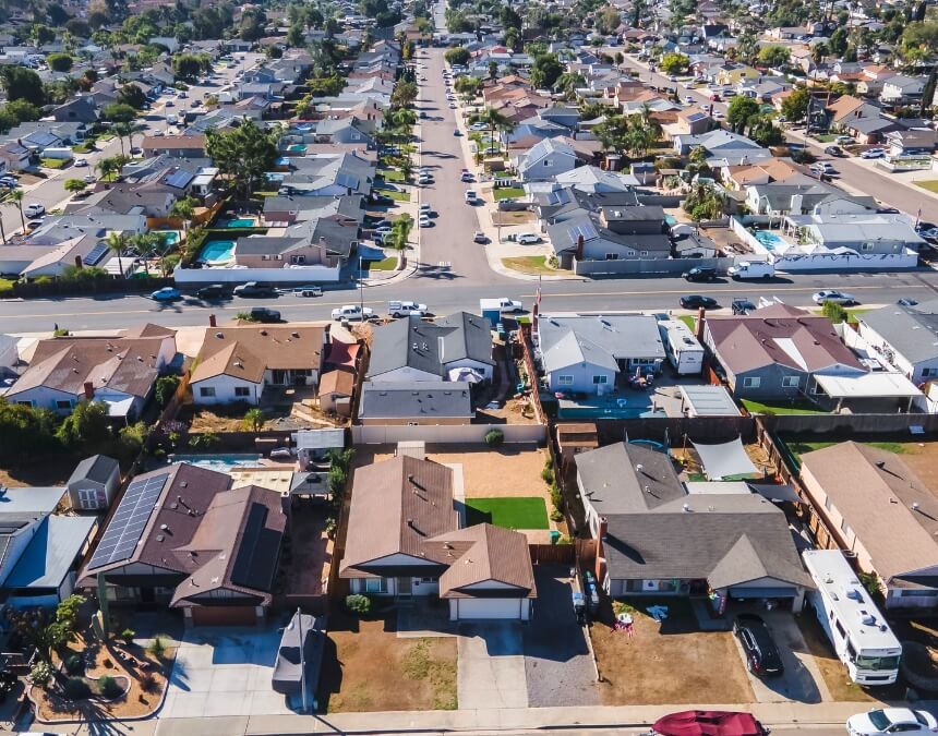 Aerial view of a San Diego neighborhood and lot layout — Local ADU Rules, Zoning & Regulations in San Diego section image.