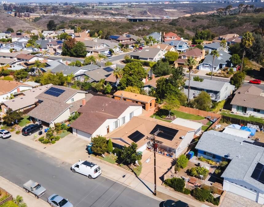 Step-by-Step: How to Apply for an ADU Loan in California – aerial view of San Diego neighborhood with homes and ADU-ready lots.