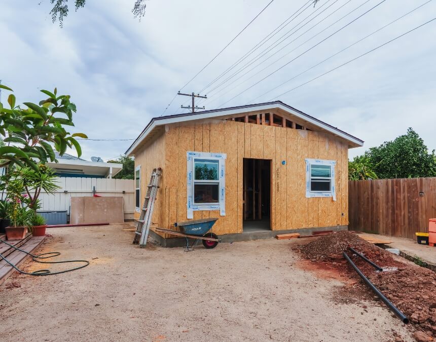 What Are the Best Loan Programs for Building an ADU in California – detached ADU under construction with framing and exterior sheathing.