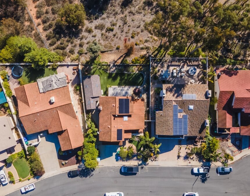 What Is a HELOC for ADU Construction – top-down neighborhood view showing typical California lots with backyards where ADUs are commonly added.
