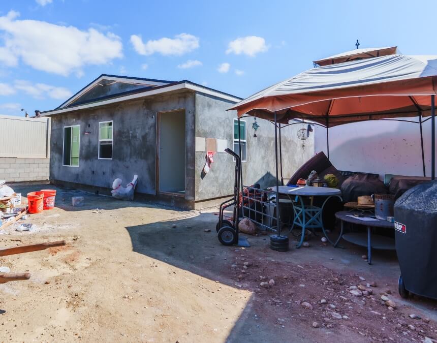 Will Building an ADU Increase My Property Taxes – detached ADU under construction in a California backyard with unfinished exterior.