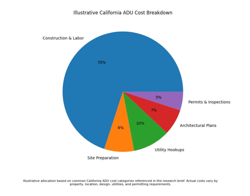 California ADU cost breakdown pie chart showing construction and permit expenses