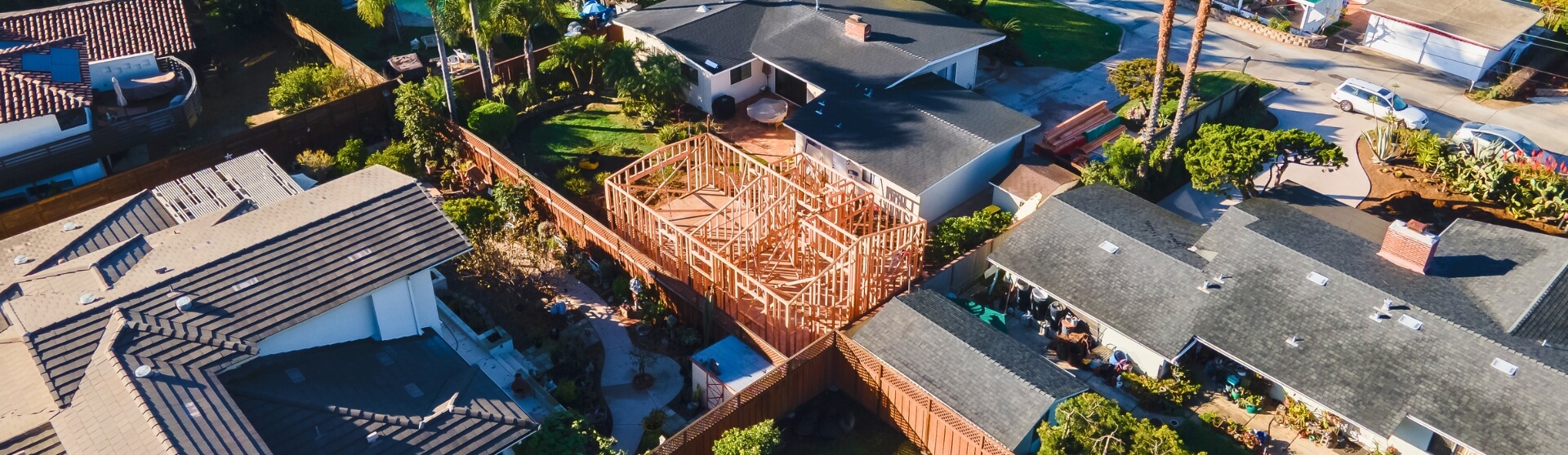 Aerial view of residential ADU construction project in San Diego neighborhood