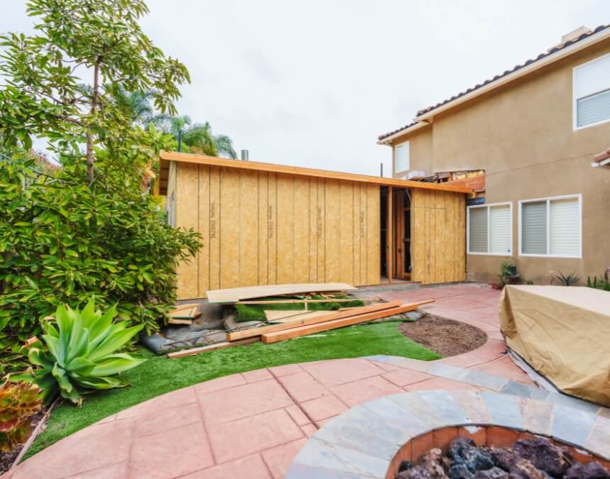 Detached backyard ADU under construction in California residential property
